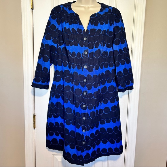 Boden Corduroy Button Front Shirt Dress | Geometric Blues w/pockets | size 12 - Picture 1 of 13